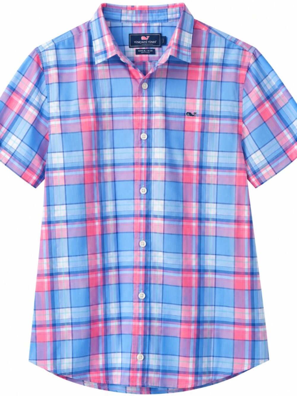 Vineyard Vines Boys XL Blue Pink Plaid Short Sleeve Button Down Shirt